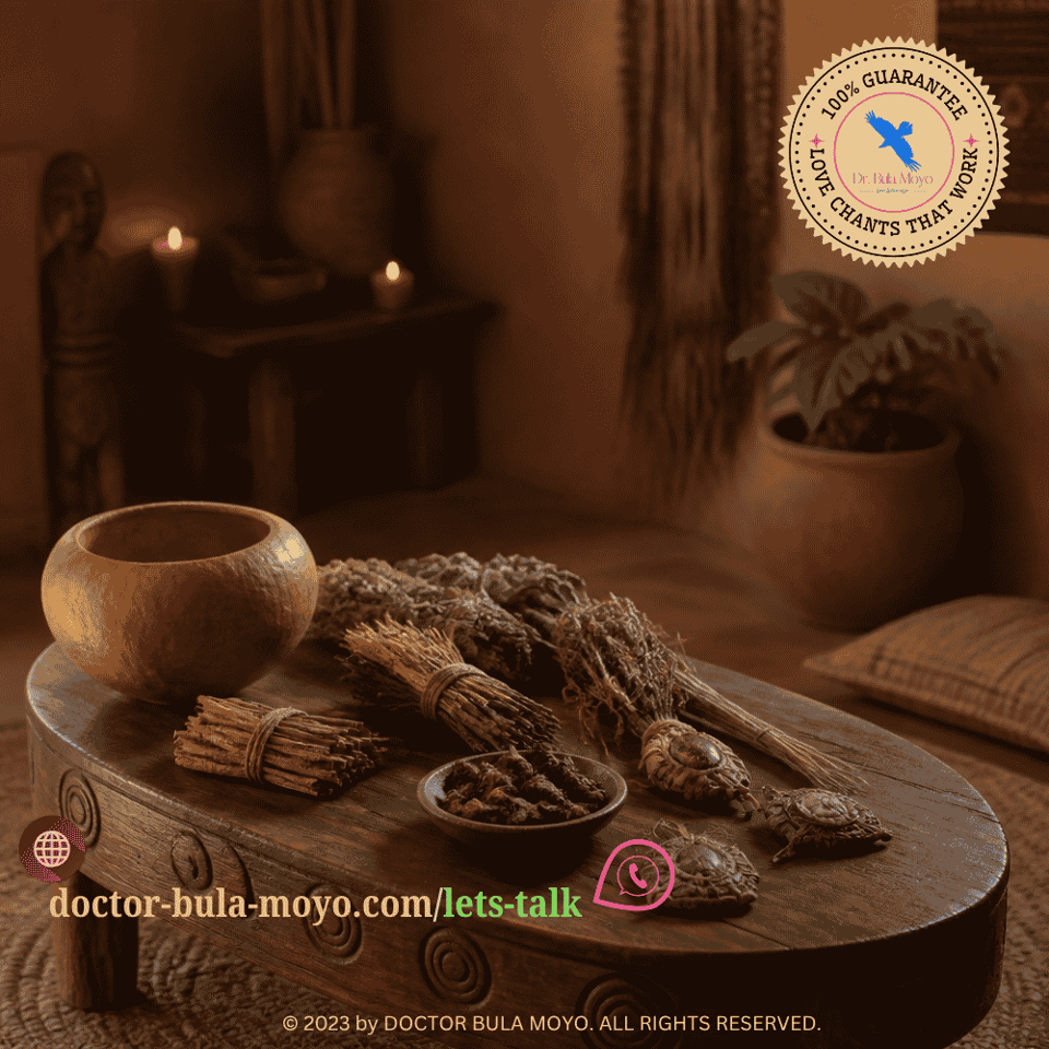 A serene consultation space featuring traditional African spiritual tools, ancestral herbs, handcrafted talismans, and gentle candlelight, conveying trust and sacred connection