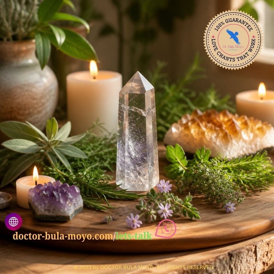 A serene image showing natural elements like crystals, herbs, and candles arranged intentionally to represent spiritual alignment and the flow of positive energy toward prosperity