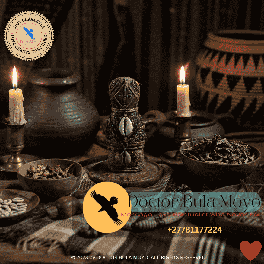 A serene spiritual altar bathed in soft candlelight, featuring traditional African herbs, ancestral tools, and a handcrafted talisman, symbolizing the sacred alignment required before love rituals