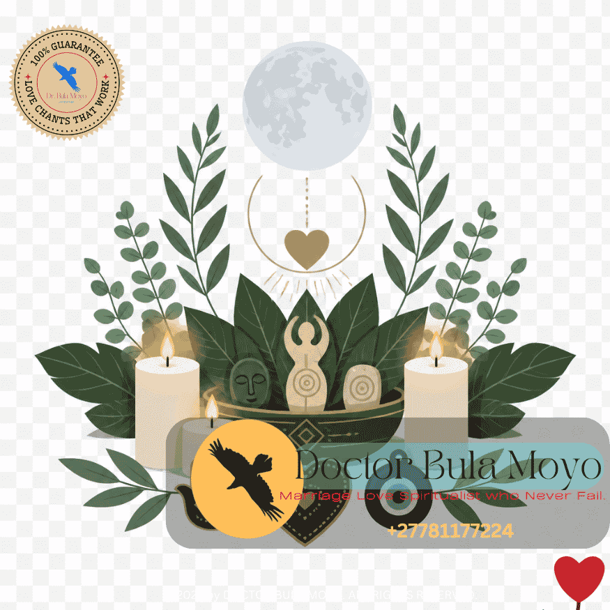 A serene spiritual altar featuring living green leaves, gentle candlelight, and handcrafted talismans bathed in moonlight, symbolizing ancestral connection and the sacred energy of love rituals.