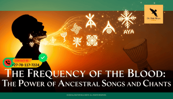 A silhouette of a person standing against a deep orange sunset, their mouth open in a powerful chant. Ripples of golden light emanate from their throat, transforming into ancient African symbols.