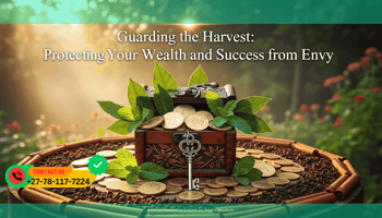 A small wooden chest filled with golden coins and green leaves, surrounded by a protective circle of cinnamon sticks and cloves. A silver key lies on top of the chest.