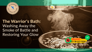 A steaming wooden tub filled with clear water, floating white flower petals, and green herbs. A person’s hands are scooping the water upward, and as the water falls.