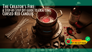 A top-down shot of a workspace. A double-boiler melts deep red wax. Next to it are cotton wicks, a bottle of Follow Me Boy oil, and a wooden spoon stained red.