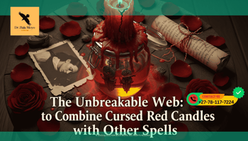 A top-down view of a complex ritual setup. A Cursed Red Candle sits atop a sealed glass honey jar. Scattered around are red rose petals, a small photograph.