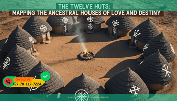 A top-down view of a traditional circular African village (Kraal) with 12 distinct huts arranged in a perfect wheel. Each hut has a different spiritual symbol on its door.