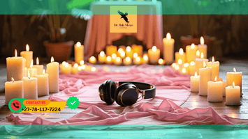 A tranquil altar with candles, soft pink cloth, and headphones playing a 528 Hz love frequency meditation.