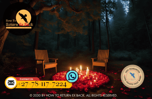 A tranquil outdoor setting with a sacred space for casting a love spell, surrounded by candles and natural elements. (1)