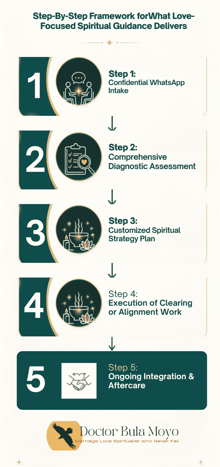 A vertical five-step flowchart diagram titled Step-by-Step Consultation Journey, outlining a sequential client process connected top-to-bottom by downward-pointing arrows