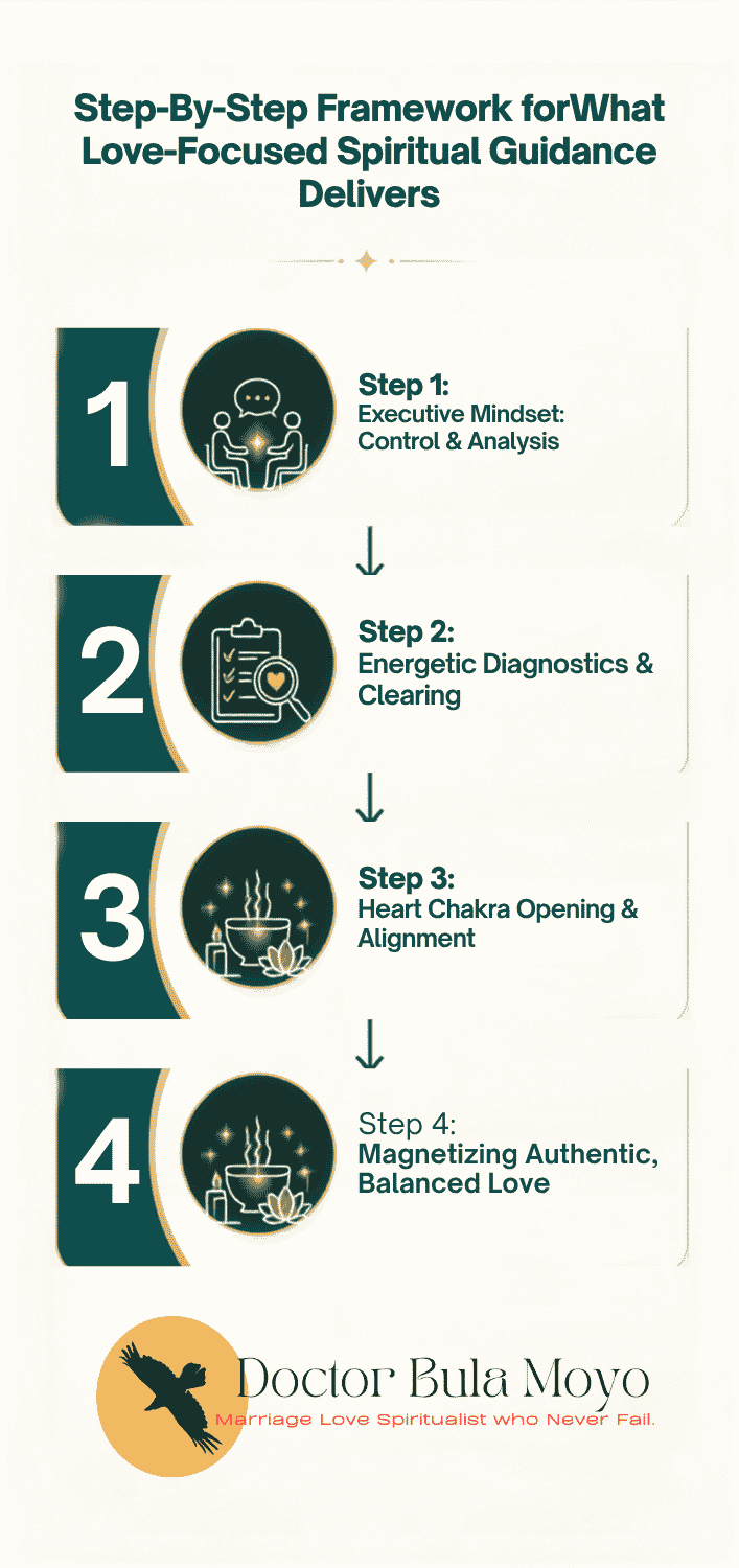 A vertical four-step flowchart diagram illustrating "What Love-Focused Spiritual Guidance Delivers," showing a transformation process from executive mindset to authentic attraction through downward-pointing arrows