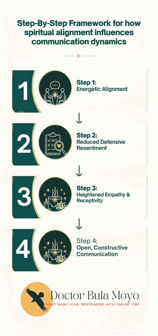 A vertical four-step flowchart diagram illustrating how spiritual alignment influences communication dynamics, detailing a progressive transition from energetic work to practical dialogue