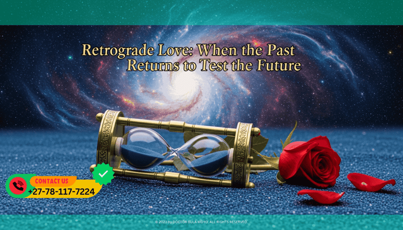 A vintage hourglass lying on its side on a bed of dark blue sand. A single red rose is beginning to bloom backward into a bud. In the background, a swirling starry nebula.