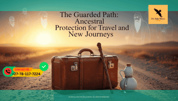 A vintage leather suitcase resting on a dusty road at sunset. Beside the suitcase, a small, polished wooden staff and a white travelers gourd are visible.