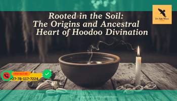 A vintage-toned photograph of a weathered wooden table. On it sits a bowl of fresh cool water, a lit white candle, and a handful of small bones and cowrie shells.