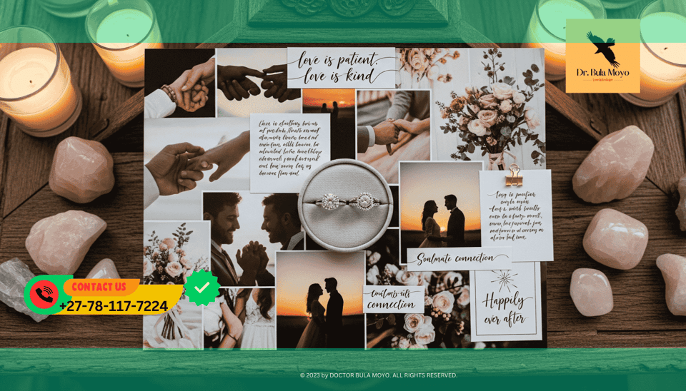 A vision board featuring romantic images, wedding rings, and affirmations, placed beside rose quartz and candles on a wooden altar. (1)