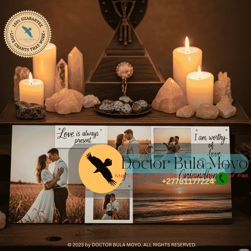 A vision board featuring romantic images, wedding rings, and affirmations, placed beside rose quartz and candles on a wooden altar.
