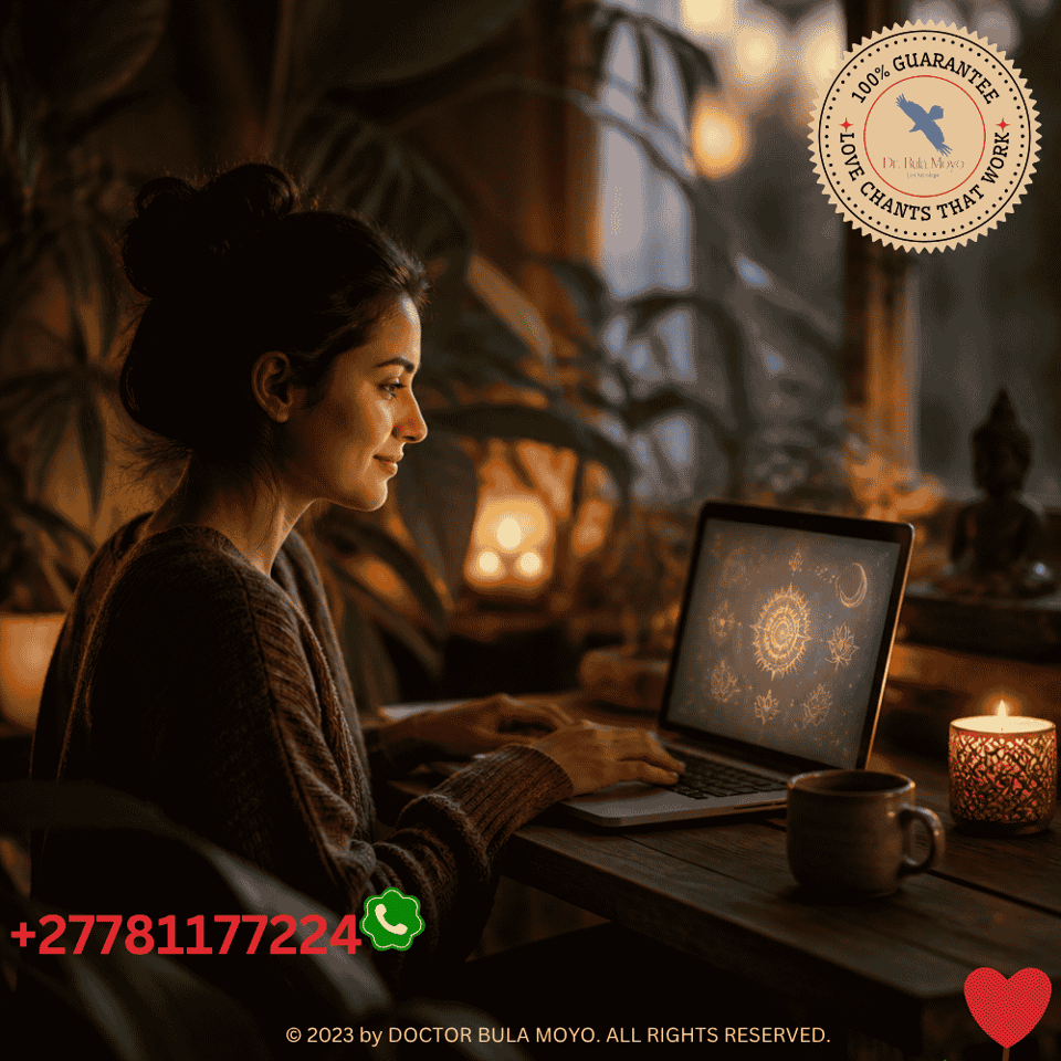 A warm, mystical scene showing a person sitting peacefully with a laptop, surrounded by soft candlelight and living green leaves, with spiritual symbols glowing gently on the screen, representing