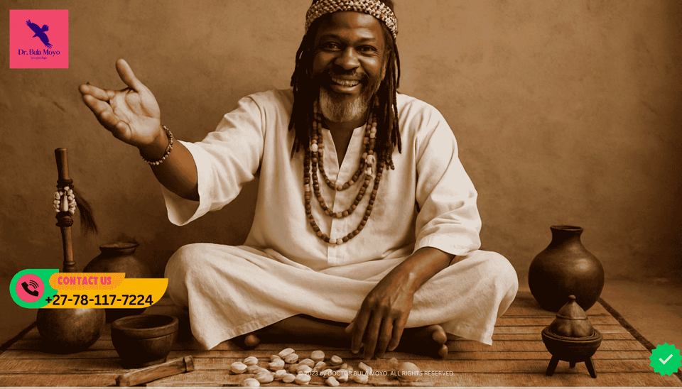 African Spiritual healer Dr. Moyo sitting at his mat, welcoming What to expect in a traditional healer consultation with Dr. Bula Moyo. (1)