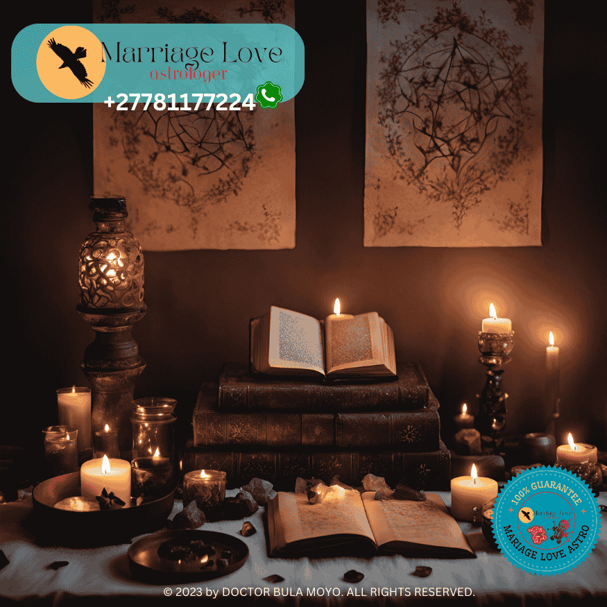 An ancient spellbook open with love spell ingredients, including candles and herbs