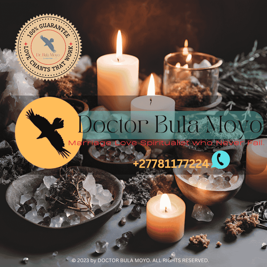 An arrangement of candles, herbs, and crystals for a powerful love spell ritual