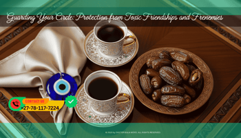 An artistic top-down view of a sophisticated coffee table with two ornate Arabic coffee cups (Finjan), a plate of dates, and a beautiful blue Nazar (Evil Eye) bead hidden partially under a silk.