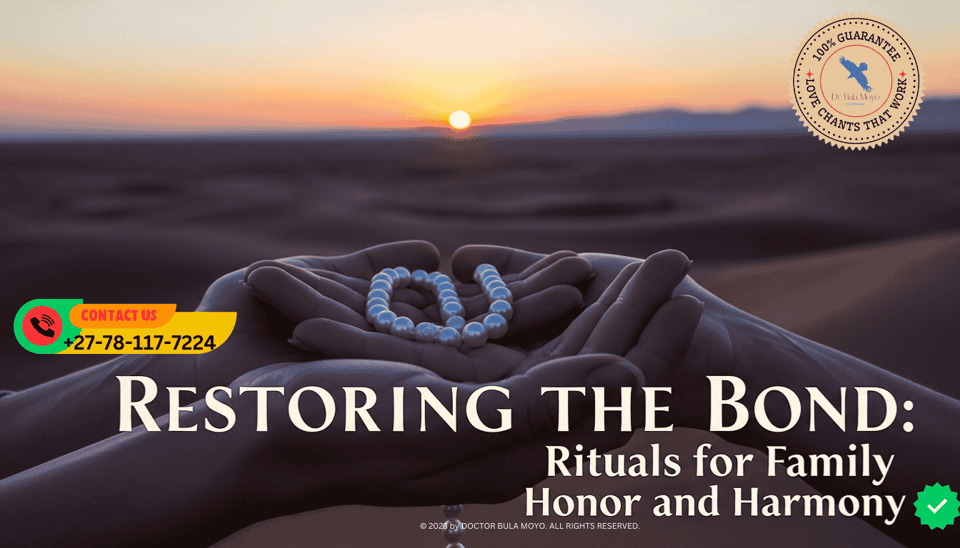 An elegant image of two hands holding a single strand of high-quality pearls over a desert landscape at dusk, symbolizing the strength and unity of a lineage.