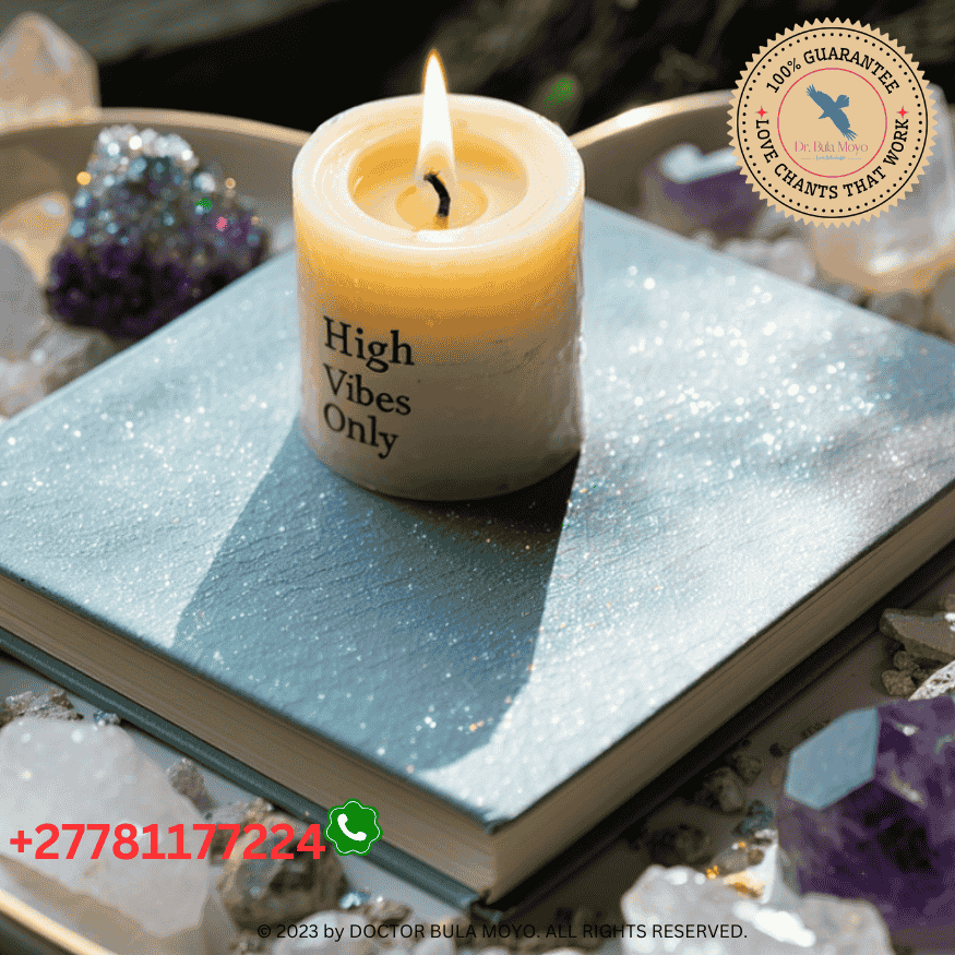 Calming spiritual altar with crystals, journal, candle, and heart-shaped tray labeled “High Vibes Only.” (1)