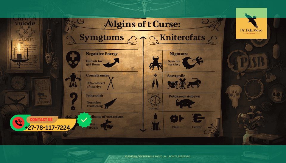 Chart comparing symptoms of negative energy versus signs of a curse.