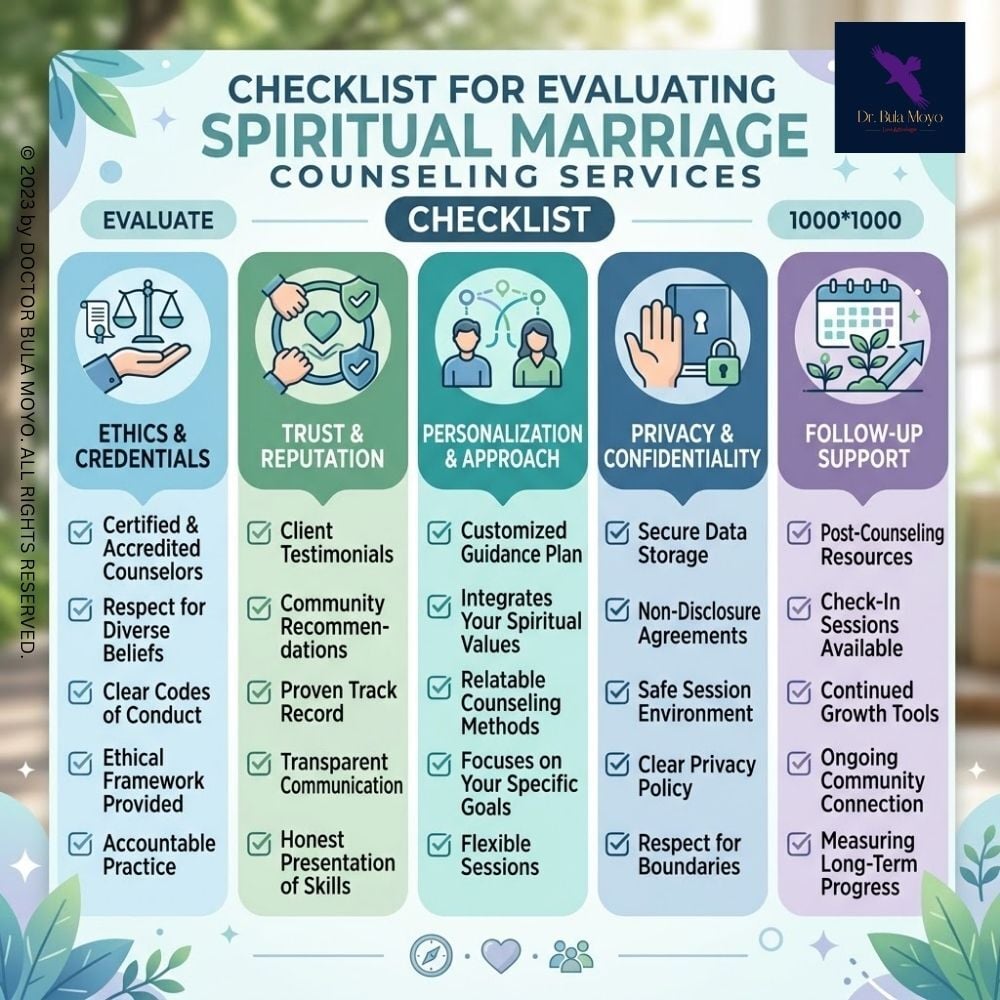 Checklist for evaluating spiritual marriage counseling services, including ethics, trust, personalization, privacy, and follow-up support