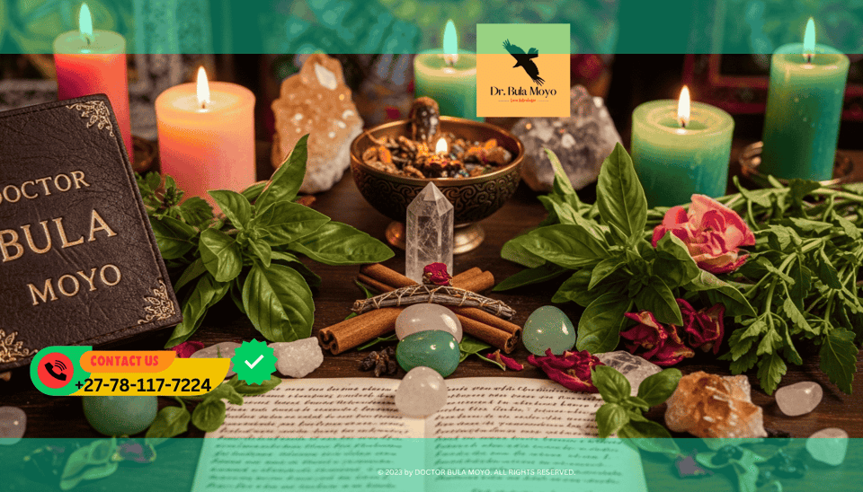 Collection of herbs and crystals arranged on an altar for love and financial success rituals guided by Doctor Bula Moyo.