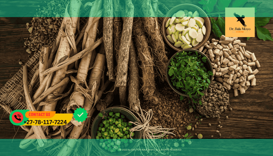 Collection of roots and green herbs on a wooden table Traditional African roots and herbs like Moringa and Devils Claw for natural vitality.
