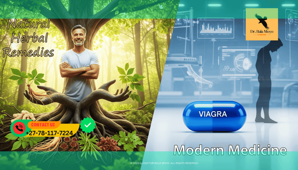 Confident man or symbolic image of a strong tree root Natural herbal remedies for sexual weakness in men vs modern medicine.