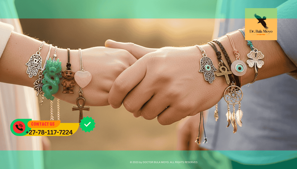 Couple holding hands with protective love talismans from different cultures (1)