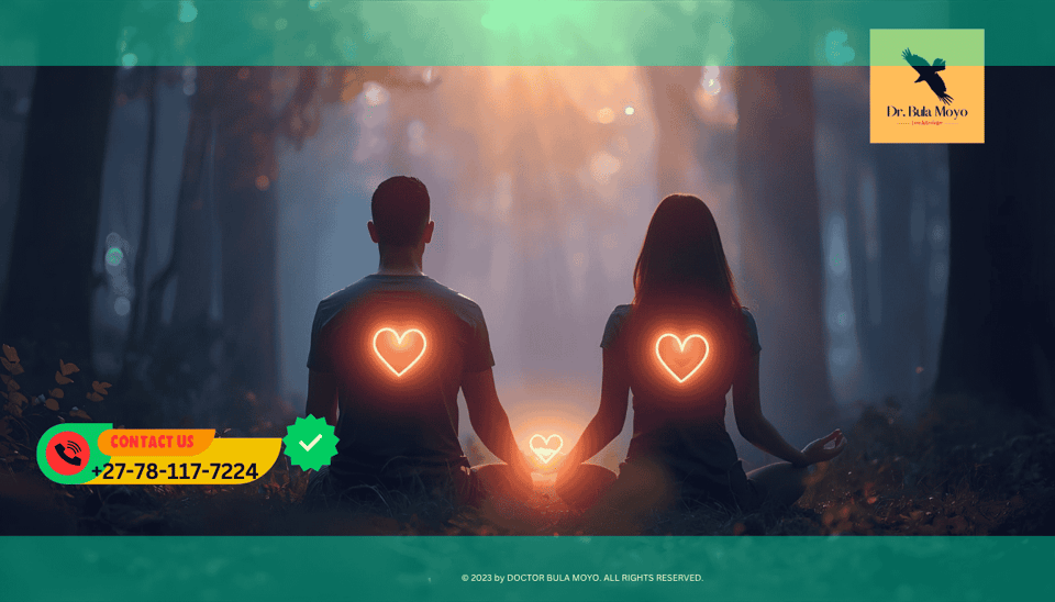 Couple meditating together with glowing light connecting their hearts symbolizing psychic love bond.