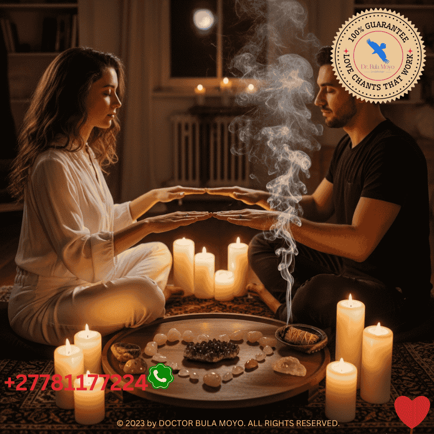 Couple performing a love protection spell to strengthen intimacy with candles and crystals