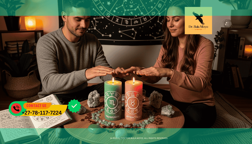 Couple performing a zodiac candle ritual with green and pink candles for prosperity and attraction.