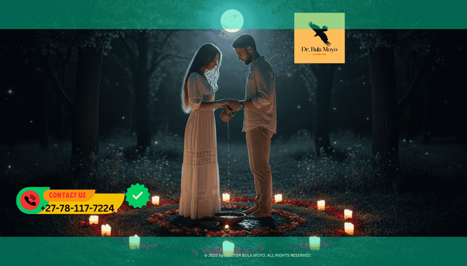 Couple performing full moon love ritual with candles, rose petals, and sacred water under moonlight.
