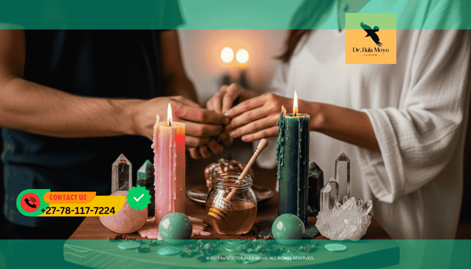 Couple performing pink and green candle ritual for love and financial stability with honey and crystals.
