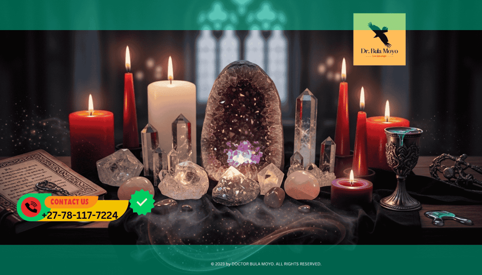Crystals and candles used to recharge fading love spell energy
