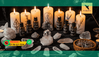 Crystals, candles, and oils arranged for an aura enhancement and charisma ritual