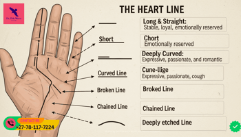Diagram showing different shapes of the heart line in palmistry and their meanings.