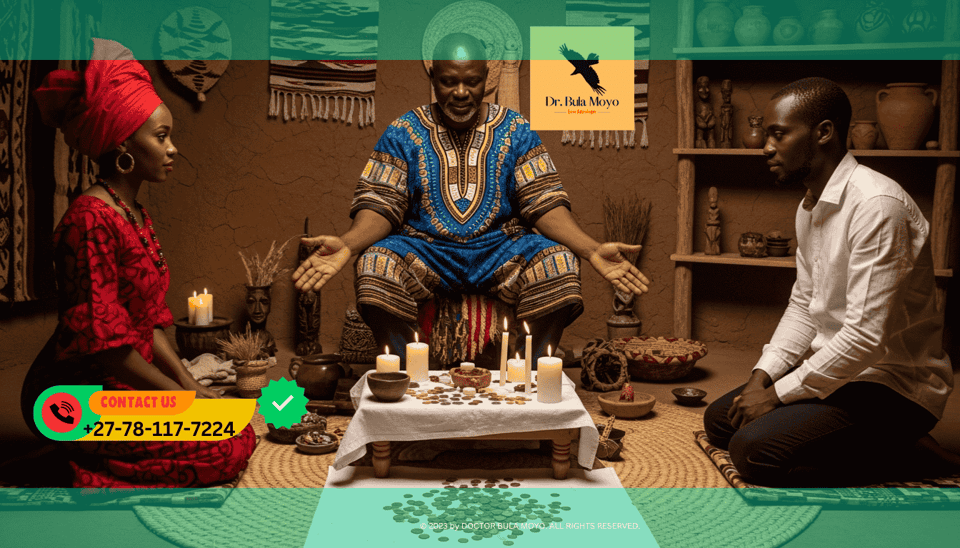 Doctor Bula Moyo blessing coins and candles during a couple prosperity ritual for wealth and emotional unity.