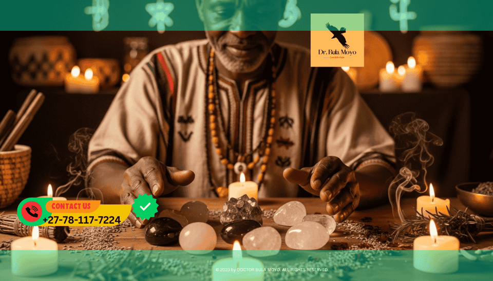 Doctor Bula Moyo blessing love crystals with candlelight and sacred herbs for attraction energy.