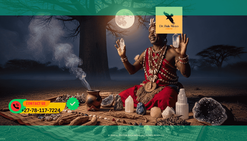 Doctor Bula Moyo conducting a full moon ceremony with crystals and ancestral herbs for energy renewal and passion