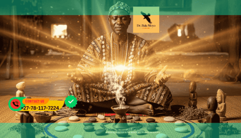 Doctor Bula Moyo conducting an ancestral financial healing ceremony surrounded by golden light