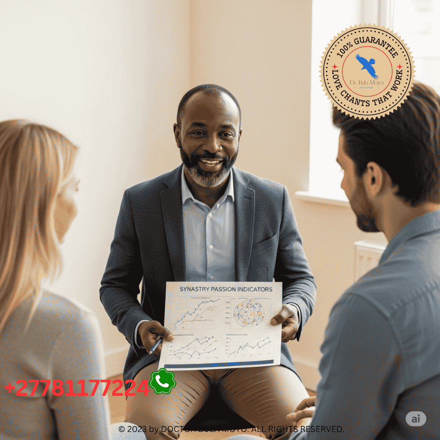 Doctor Bula Moyo explaining synastry passion indicators to a couple in session