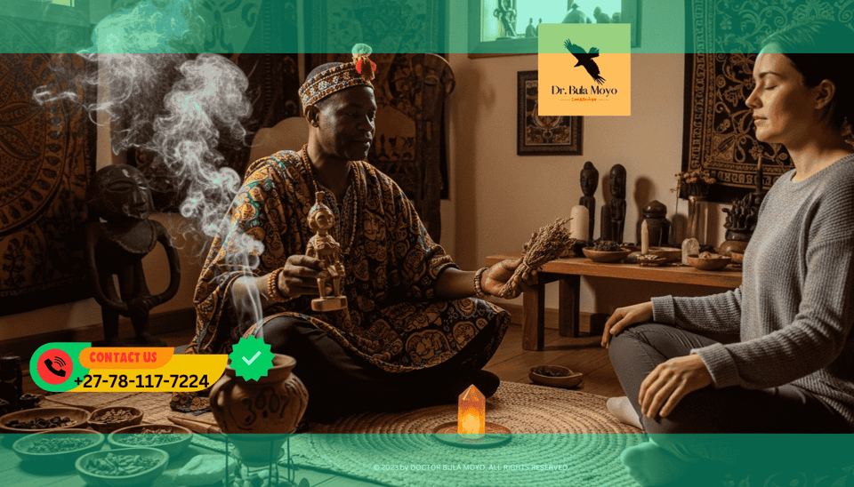 Spiritual healer helping a woman bring her ex back using traditional African love rituals.