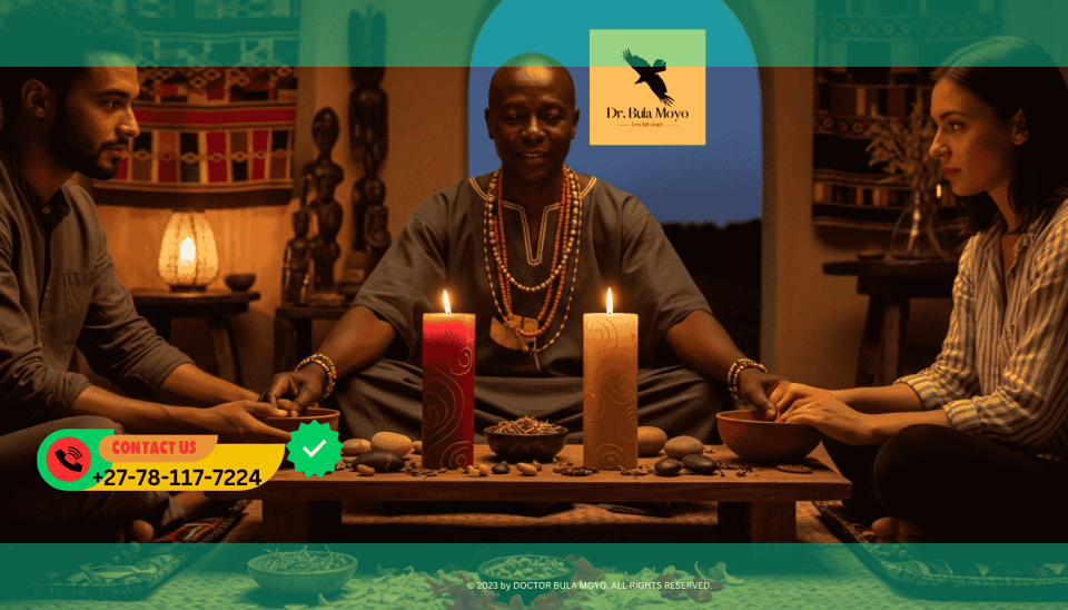 Doctor Bula Moyo guiding partners through a joint prosperity spell surrounded by rose petals and coins.