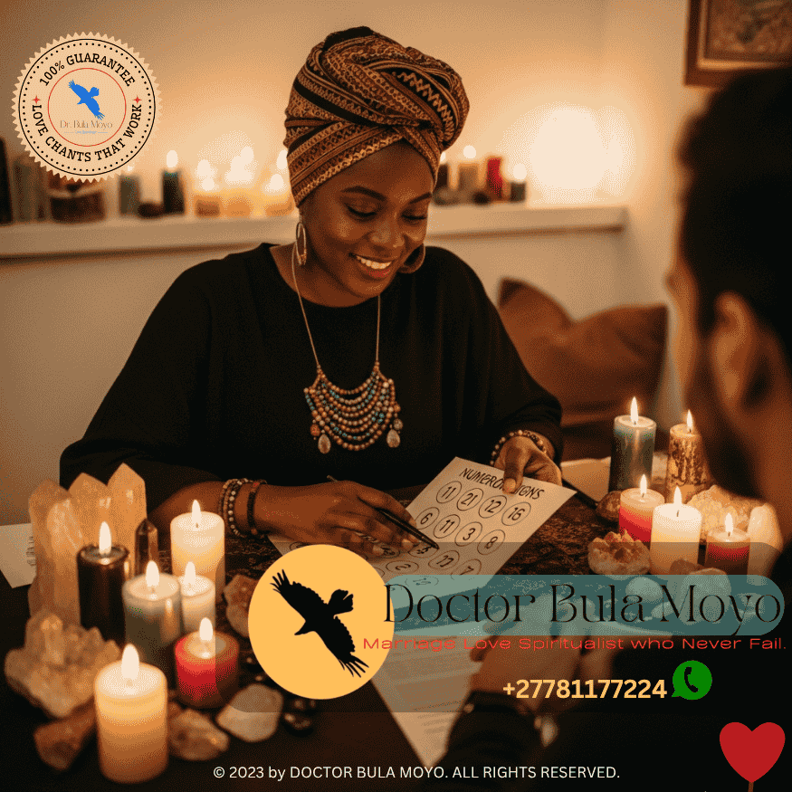 Doctor Bula Moyo interpreting angel number signs during a numerology session with spiritual candles and crystals.