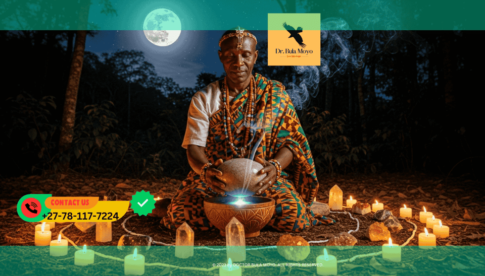 Doctor Bula Moyo performing a moonlit prosperity manifestation ritual with candles and crystals.